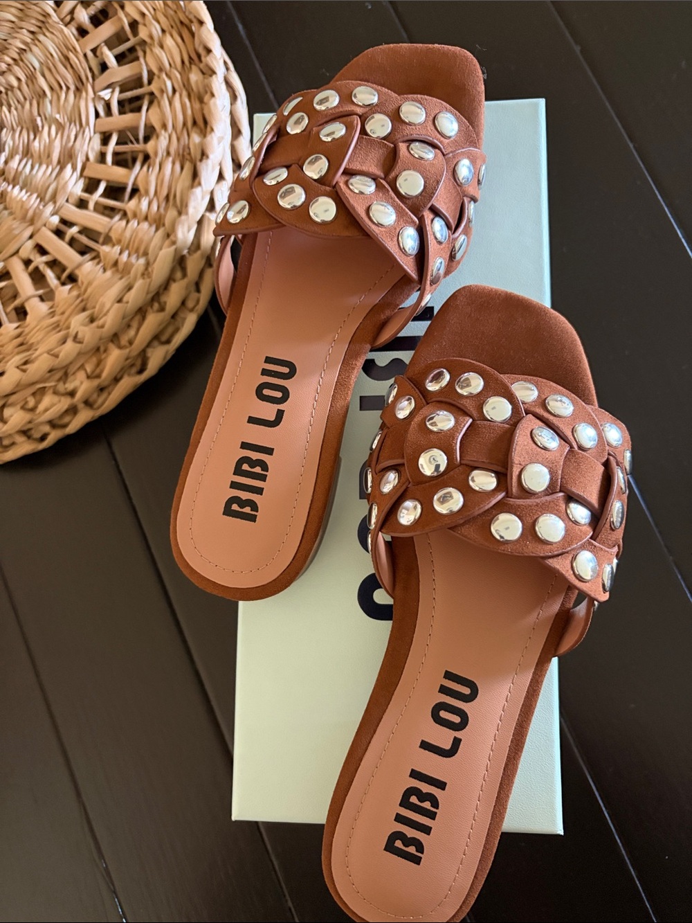 Bibi Lou Brown Braided Studded Slip-On Mules